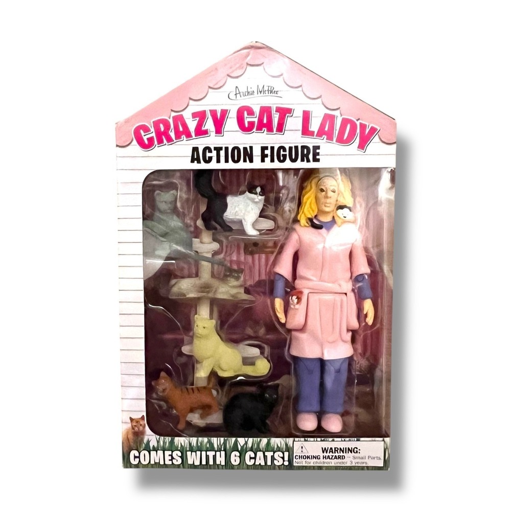 NIB Crazy Cat Lady Action Figure Set Pink Bathrobe 6‎ Cats Archie McPhee